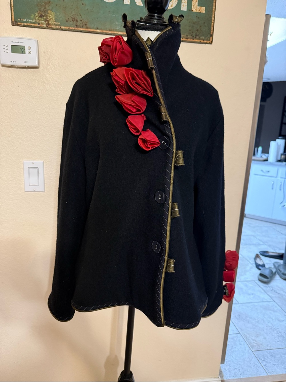 CoVelo Wearable Art Sz XL Black Cardigan Wool Jacket Red Organza Flower Roses